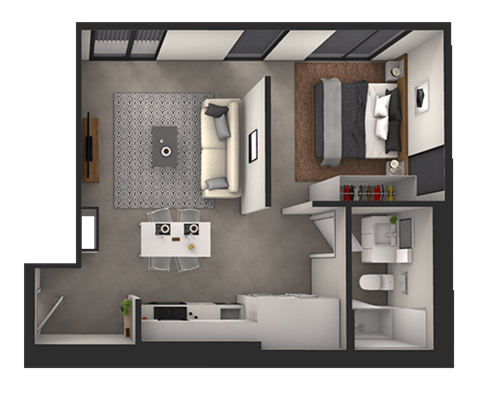 a 3d rendering of a bedroom with a bathroom and a living room